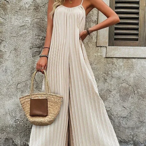 Apricot Casual Women's Solid Color Spaghetti Strap Jumpsuit - Picture 3 of 7